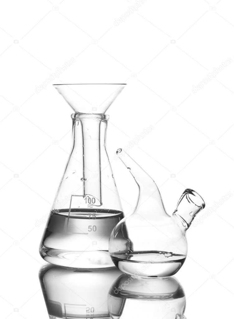 Flask and Schuster's dropper with water and reflection isolated on whi