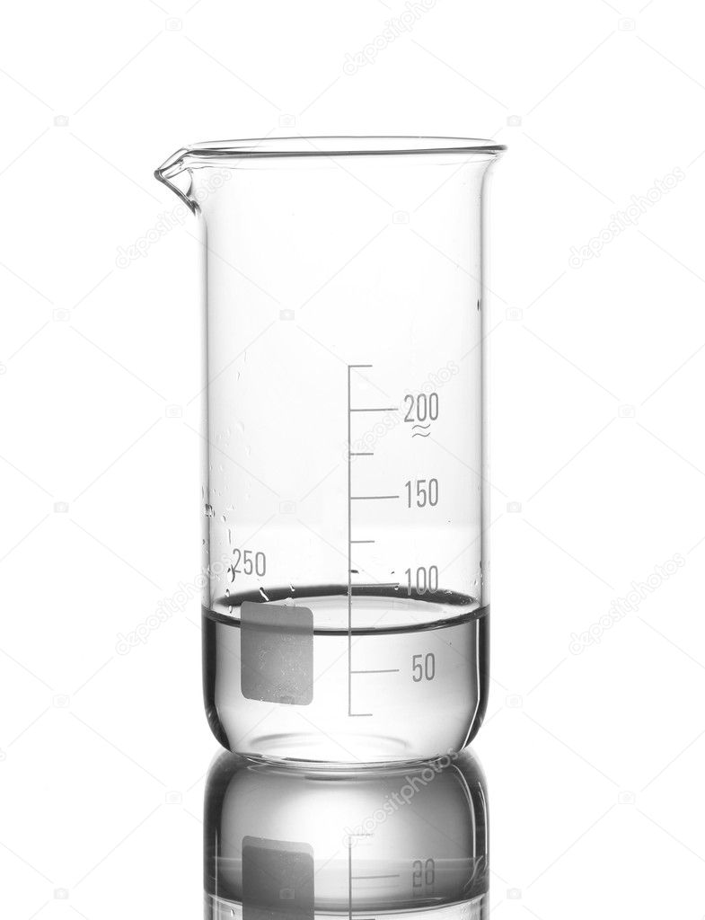 Measuring beaker with water and reflection isolated on white