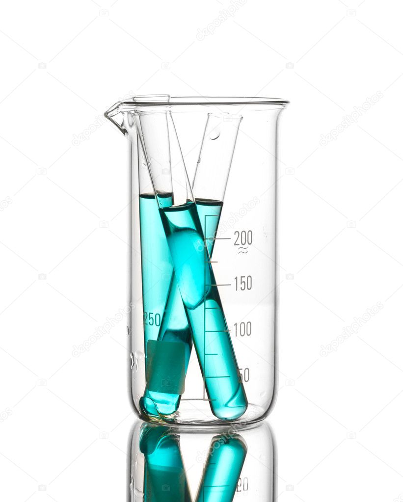 Laboratory tubes with blue liquid in measuring beaker with reflection isola