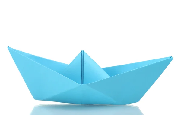 Origami boat out of the blue paper isolated on white — Stock Photo, Image