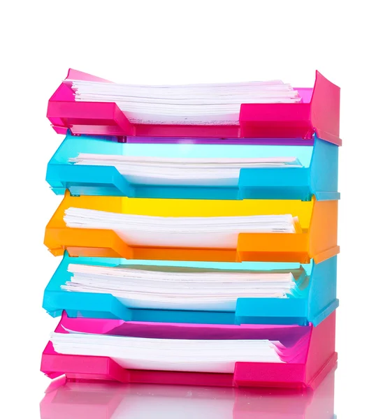 Bandejas brilhantes para papéis isolados em branco — Fotografia de Stock