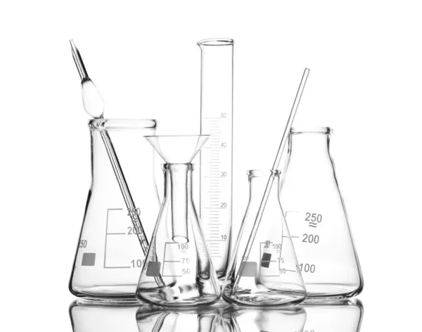 Empty laboratory glassware with reflection isolated on white — Stock Photo, Image