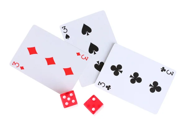 Drie kaarten en dobbelstenen geïsoleerd op wit Stockfoto