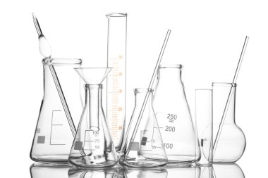 Empty laboratory glassware with reflection isolated on white clipart