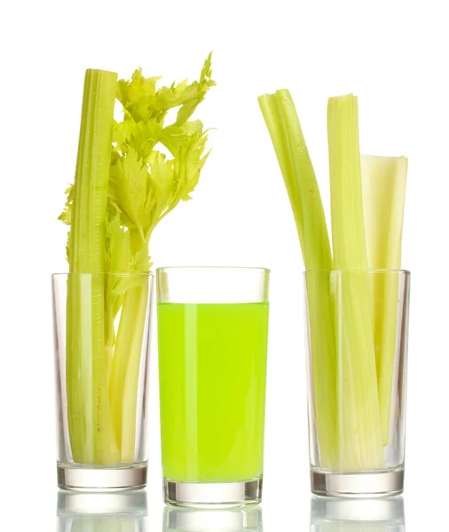 stock image Fresh green celery in a glass and juice isolated on white