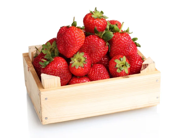 stock image Strawberries in wooden box isolated on white