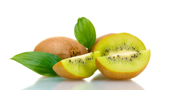 Juicy kiwi fruits with leaves isolated on white — Stock Photo, Image