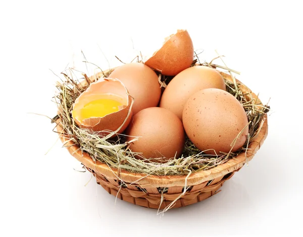 Kurczaka jaj w gnieździe na białym tle — Zdjęcie stockowe