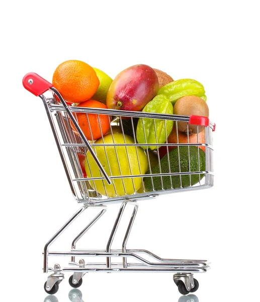 Assortment of exotic fruits in shopping cart isolated on white — Stock Photo, Image