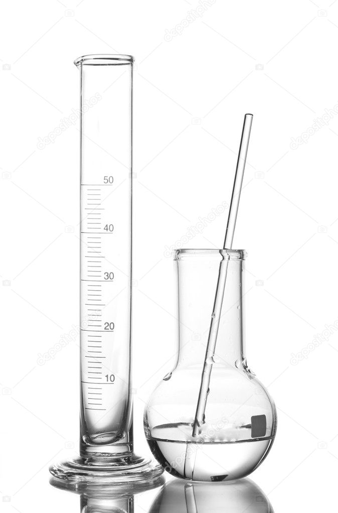 Empty measuring beaker and flask with water and with reflection isolated on