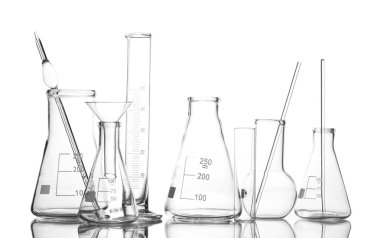 Empty laboratory glassware with reflection isolated on white clipart