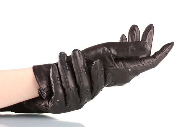 Kadınların elleri siyah deri üzerinde beyaz izole eldivenler — Stok fotoğraf