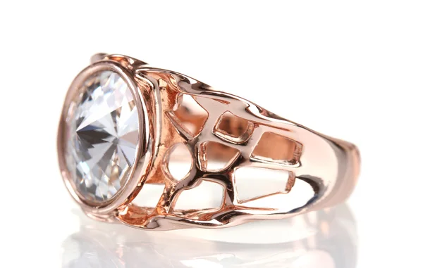 Anel de ouro bonito com gema isolada no branco — Fotografia de Stock