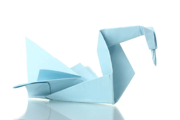 Origami cygne à partir du papier bleu isolé sur blanc — Photo