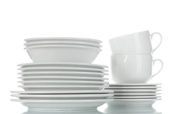 Ciotole vuote, piatti e tazze isolate su bianco — Foto Stock