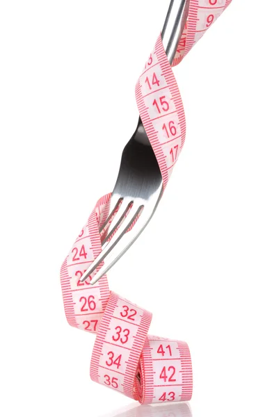 Fork and measuring tape isolated on white — Stock Photo, Image