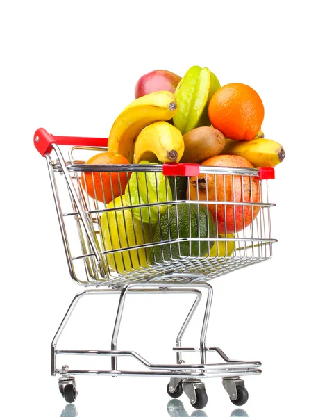 Assortiment van exotische vruchten in uw winkelwagen geïsoleerd op wit — Stockfoto