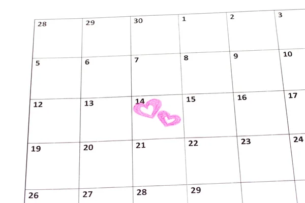 Calendar page with hearts on St.Valentines Day — Stock Photo, Image