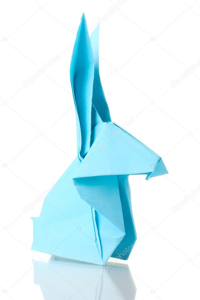 Origami Hase Aus Dem Blauen Papier Isoliert Auf Weiss