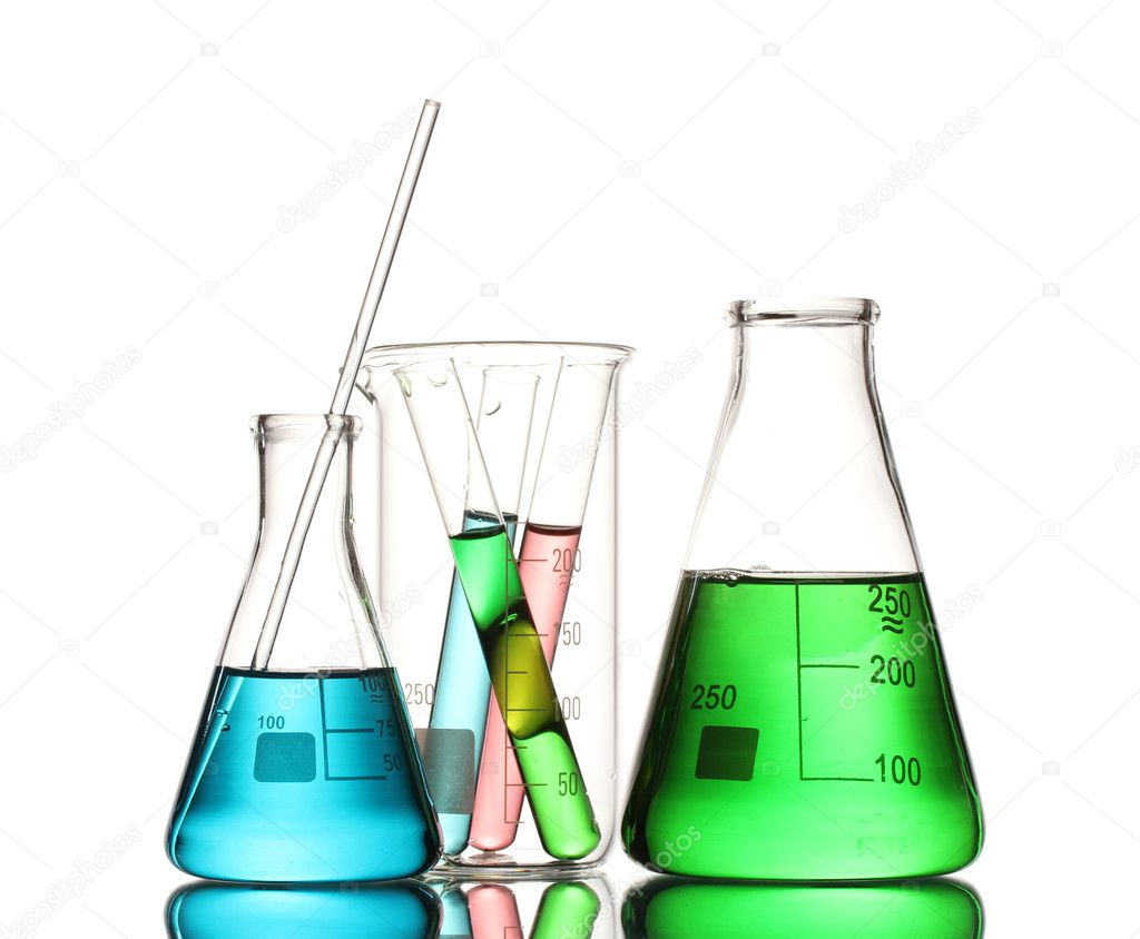 Different laboratory glassware with color liquid and with reflection isolat
