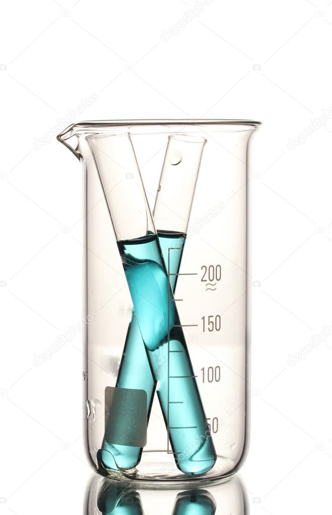 Laboratory tubes with blue liquid in measuring beaker with reflection isola
