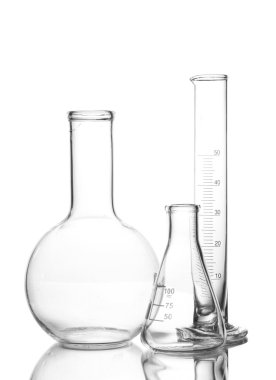 Three empty laboratory glassware with reflection isolated on white clipart