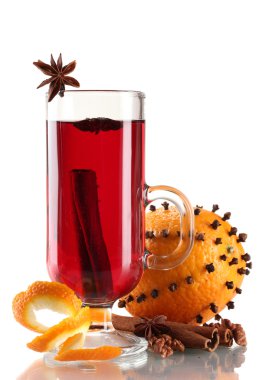 Mulled wine in the glass, spice and orange isolated on white clipart