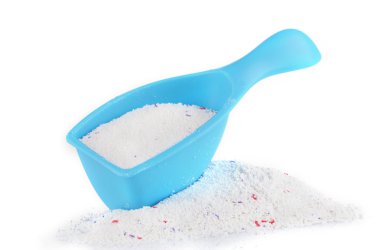 Washing powder in blue container,isolated on white clipart