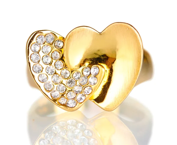 Krásný zlatý prsten s drahými kameny, izolované na bílém — Stock fotografie