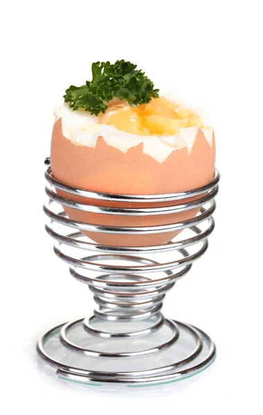 Uovo sodo in stativo metallico e prezzemolo isolato su bianco — Foto Stock
