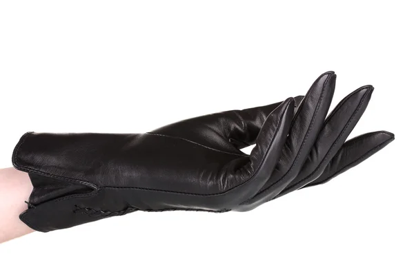 Mano de mujer en guante de cuero negro aislado en blanco — Foto de Stock