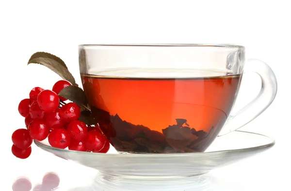 Thé noir avec viorne rouge dans une tasse en verre isolé sur blanc — Photo