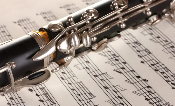 Detalhe close-up de clarinete e notebook com notas — Fotografia de Stock