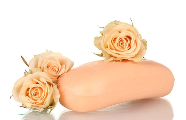 Soap with roses on white background — Stock Photo, Image