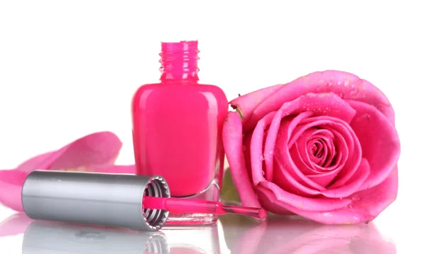 Esmalte de uñas rosa con rosa sobre fondo blanco —  Fotos de Stock