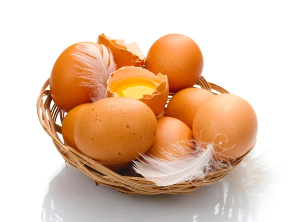 Chicken eggs in a nest isolated on white — Stock Photo, Image