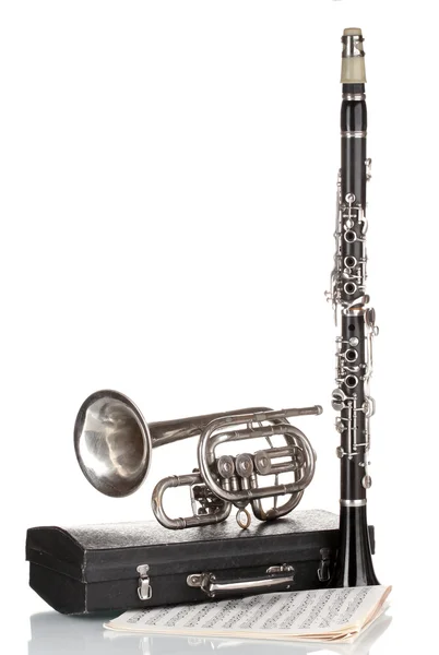 Antique trumpet, clarinet and case isolated on white — Stock Photo, Image