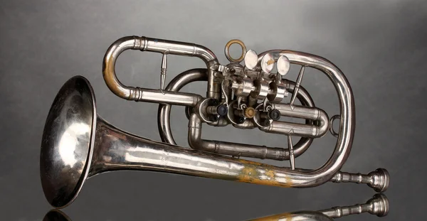 Velho trompete no fundo cinza — Fotografia de Stock