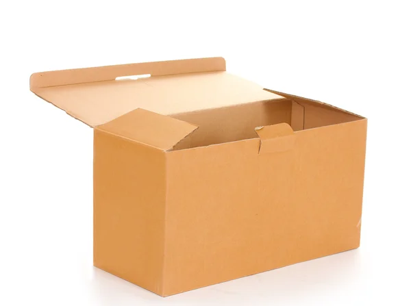 Caixa de papelão aberto isolado em branco — Fotografia de Stock