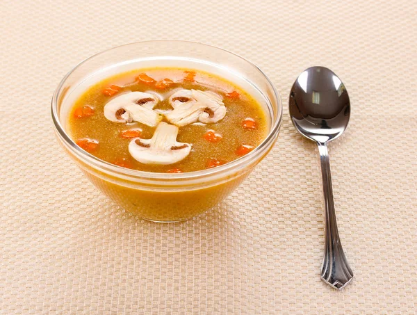 Lezzetli çorba üzerine bej masa örtüsü — Stok fotoğraf