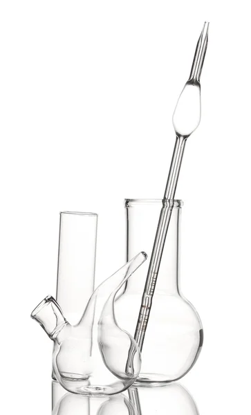Three empty laboratory glassware with reflection isolated on white — Stock Photo, Image