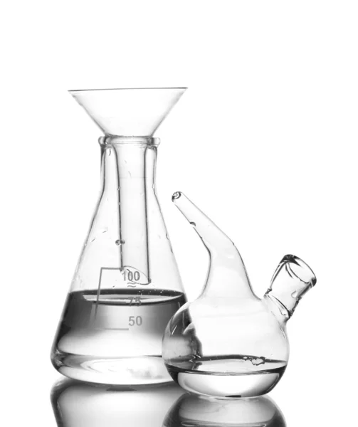 Flask and Schuster's dropper with water and reflection isolated on whi — Stock Photo, Image