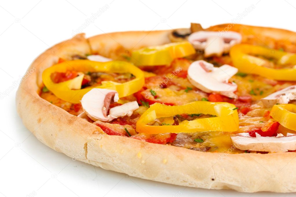 Delicious pizza with sausage and vegetables isolated on white