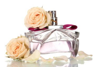 Women's perfume in beautiful bottle on white background clipart