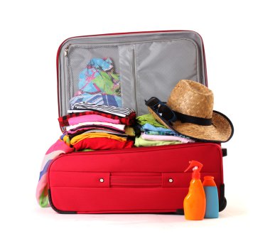 Open red suitcase with clothing isolated on a white clipart