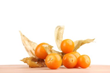 Physalis öbek üzerinde beyaz zemin üzerine ahşap tablo