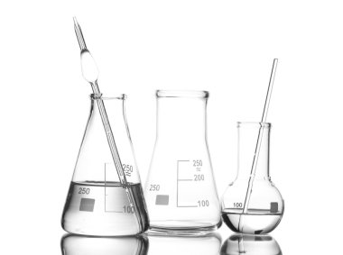 Two flasks with water and one empty flask with reflection isolated on white