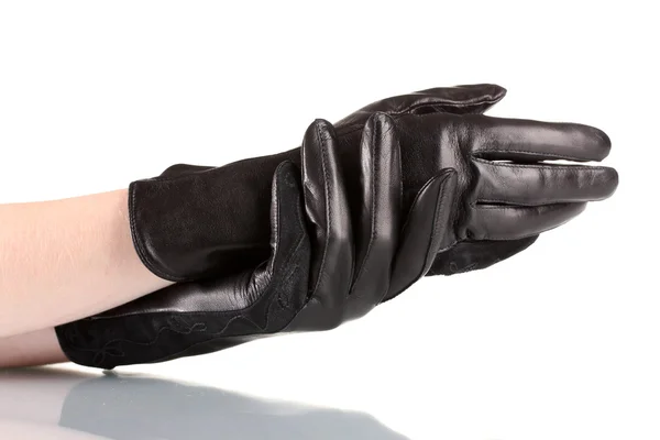 Tjejhänder i svart läder handskar isolerad på vit — Stockfoto