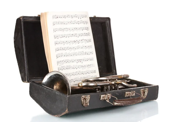Vieja trompeta y cuaderno con notas en caso aislado en blanco —  Fotos de Stock