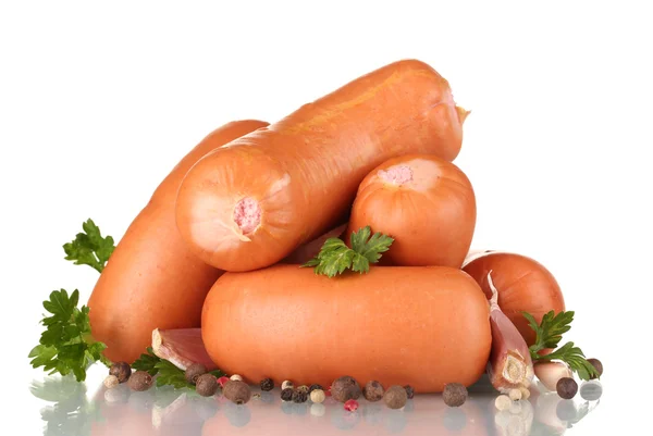 Tasty sausages, spices and parsley isolation on white — Stock Photo, Image